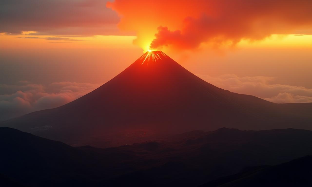 Majestätischer Vulkan mit aufsteigendem Dampf bei Sonnenaufgang, Symbol für vulkanische Energie
